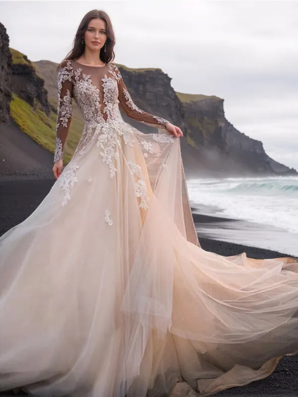 A-Line/Princess Scoop Long Sleeves Applique Wedding Dresses sold by Lavetir