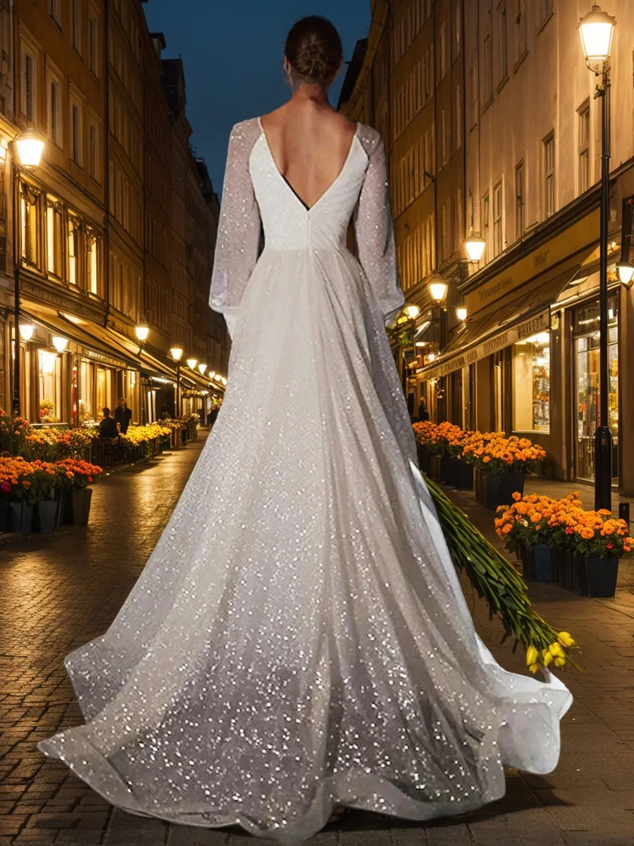 A-Line/Princess V-Neck Long Sleeves Split Side Wedding Dresses sold by Lavetir product image thumbnail 2
