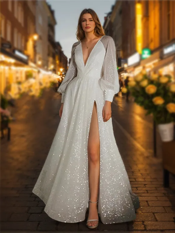 A-Line/Princess V-Neck Long Sleeves Split Side Wedding Dresses sold by Lavetir