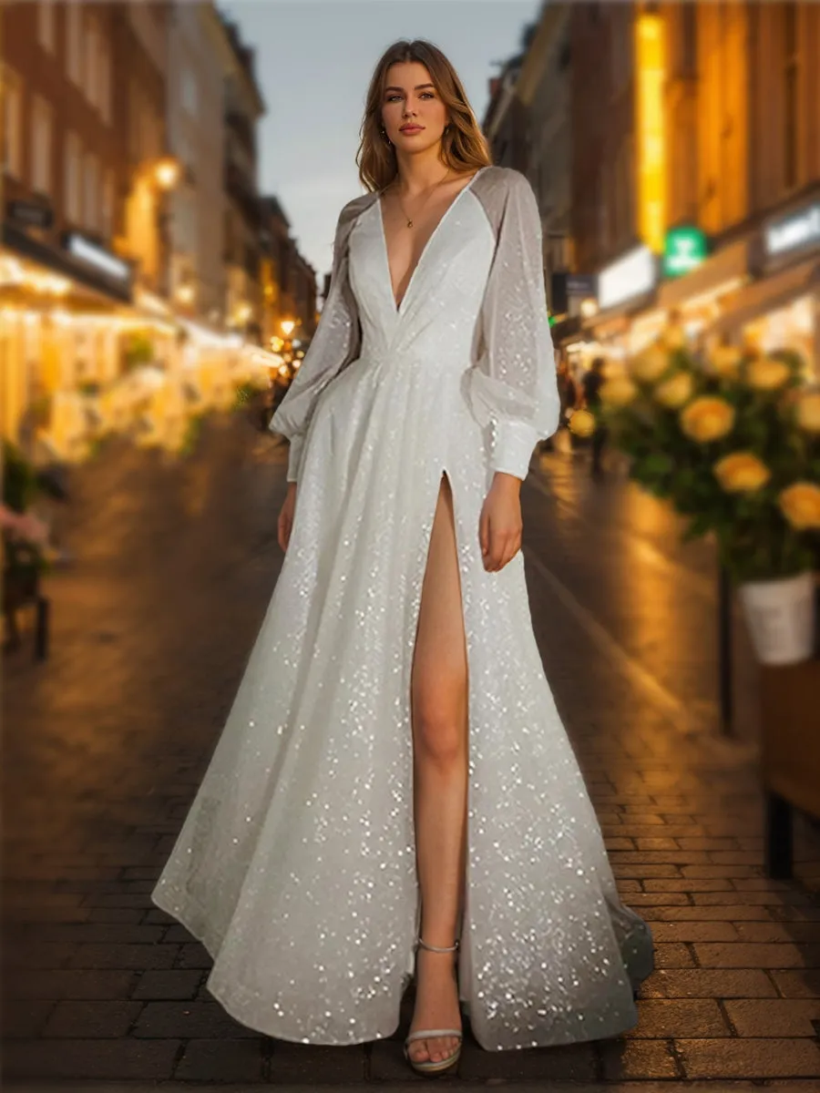A-Line/Princess V-Neck Long Sleeves Split Side Wedding Dresses sold by Lavetir