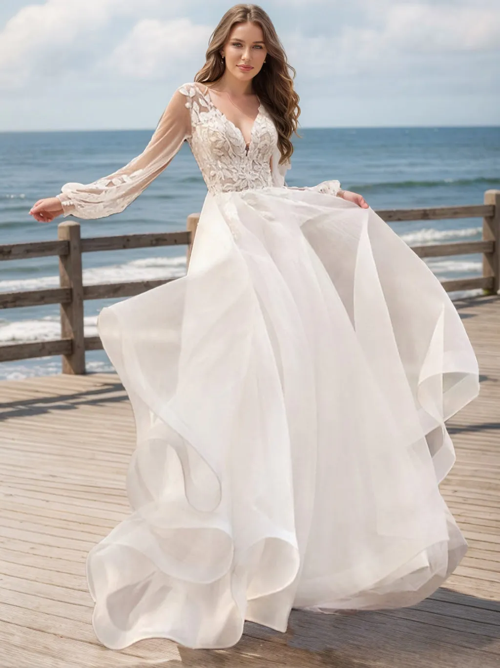Ball Gown V-Neck Long Sleeves Lace Wedding Dresses sold by Lavetir