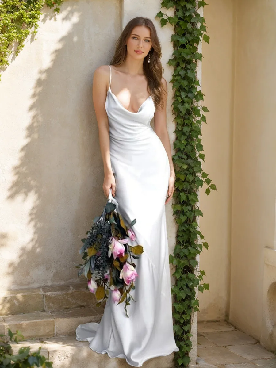 Sheath/Column Spaghetti Straps Sleeveless Ruched Wedding Dresses sold by Lavetir
