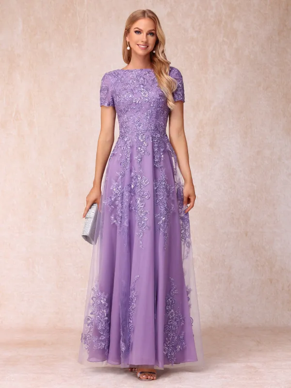 A-Line/Princess Sheer Neck Short Sleeves Long Formal Evening Dresses with Appliques sold by Lavetir