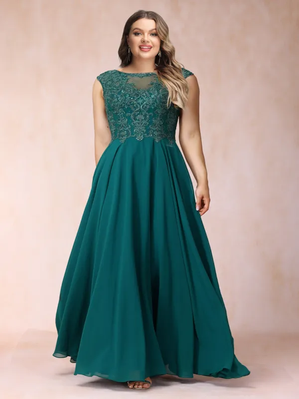 A-Line/Princess Sheer Neck Sleeveless Long Formal Plus Size Evening Dresses with Beading & Appliques sold by Lavetir