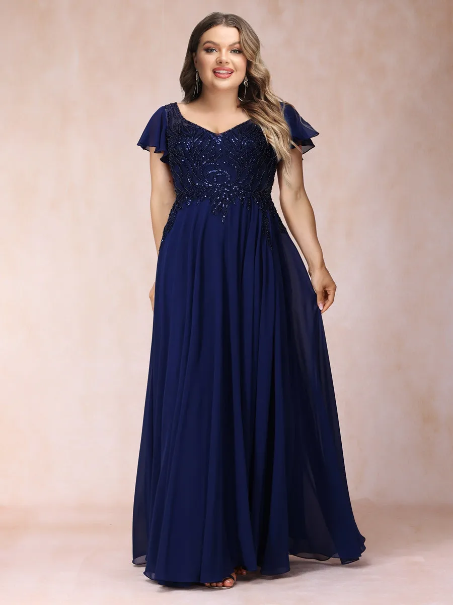 A-Line/Princess V-Neck Short Sleeves Long Formal Plus Size Evening Dresses with Beading & Sequins sold by Lavetir