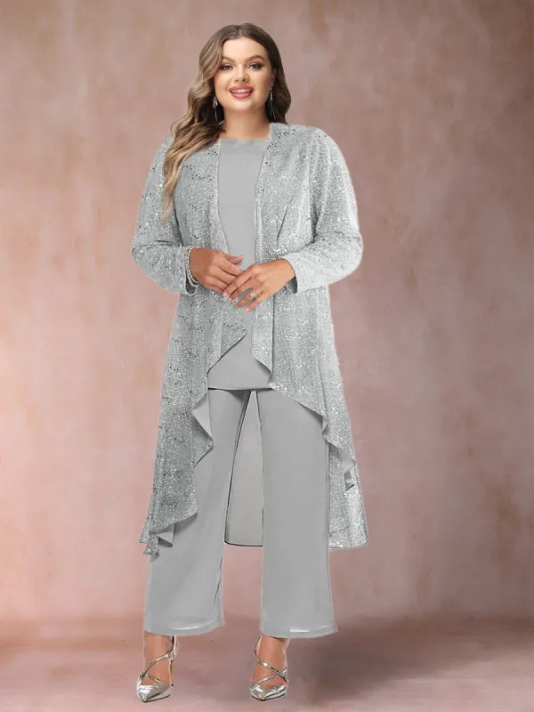 Chiffon Scoop Long Sleeves 3 Pieces Plus Size Pantsuits with Sequins & Jacket sold by Lavetir