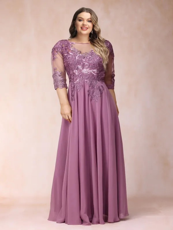 A-Line/Princess Sheer Neck 3/4 Sleeves Long Formal Plus Size Evening Dresses with Sequins & Appliques sold by Lavetir