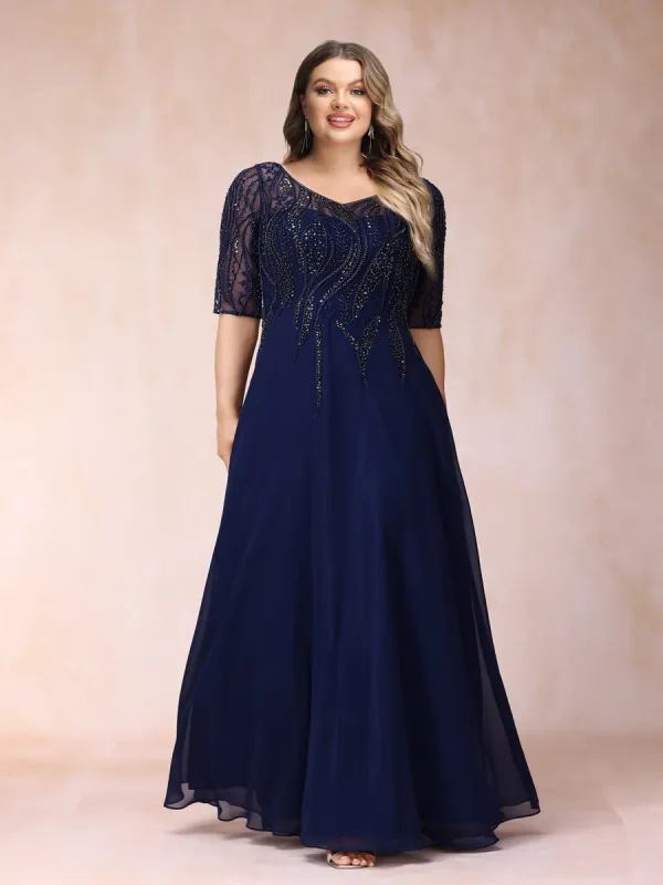 A-Line/Princess V-Neck Half Sleeves Long Formal Plus Size Evening Dresses with Beading sold by Lavetir