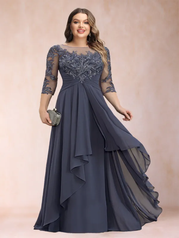 A-Line/Princess Scoop 3/4 Sleeves Chiffon Plus Size Mother of the Bride Dresses with Appliques & Ruffles sold by Lavetir
