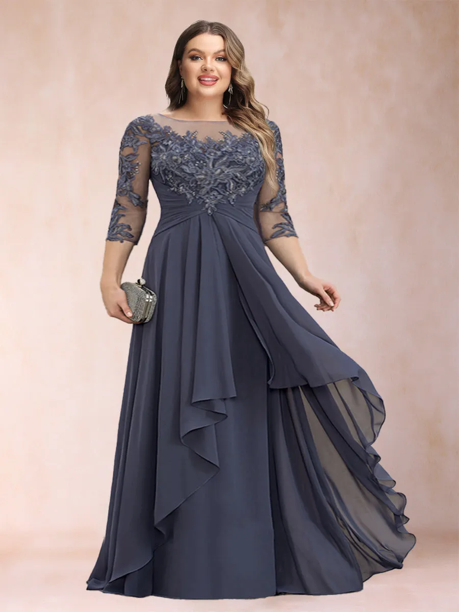 A-Line/Princess Scoop 3/4 Sleeves Chiffon Plus Size Mother of the Bride Dresses with Appliques & Ruffles sold by Lavetir