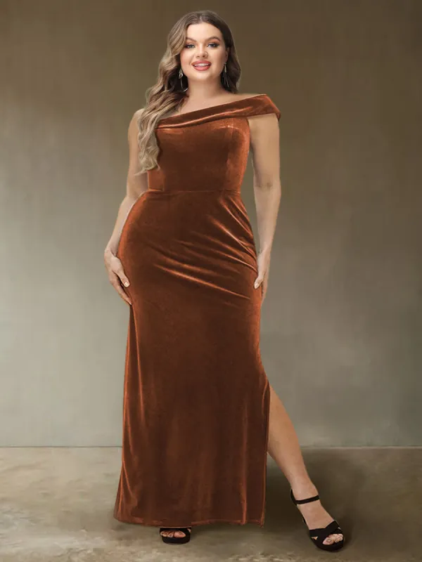 Sheath/Column One-Shoulder Sleeveless Velvet Plus Size Evening Dresses with Side Slit sold by Lavetir