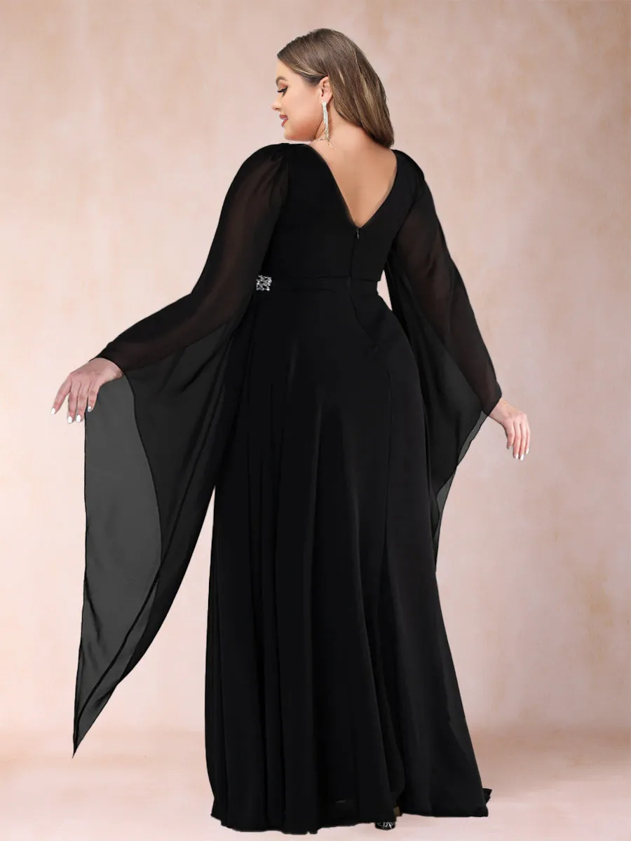 A-Line/Princess Deep V-Neck Long Sleeves Plus Size Mother of the Bride Dresses with Rhinestone sold by Lavetir product image thumbnail 2