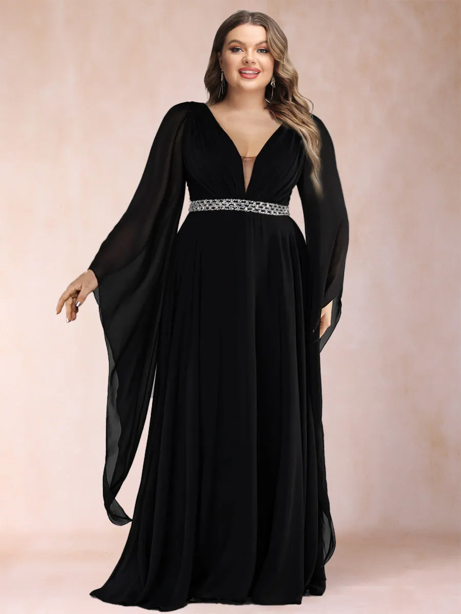 A-Line/Princess Deep V-Neck Long Sleeves Plus Size Mother of the Bride Dresses with Rhinestone sold by Lavetir