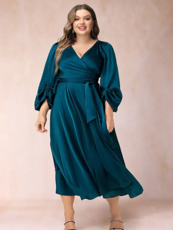 A-Line/Princess V-Neck 3/4 Sleeves Wrap Plus Size Evening Dresses with Belt sold by Lavetir