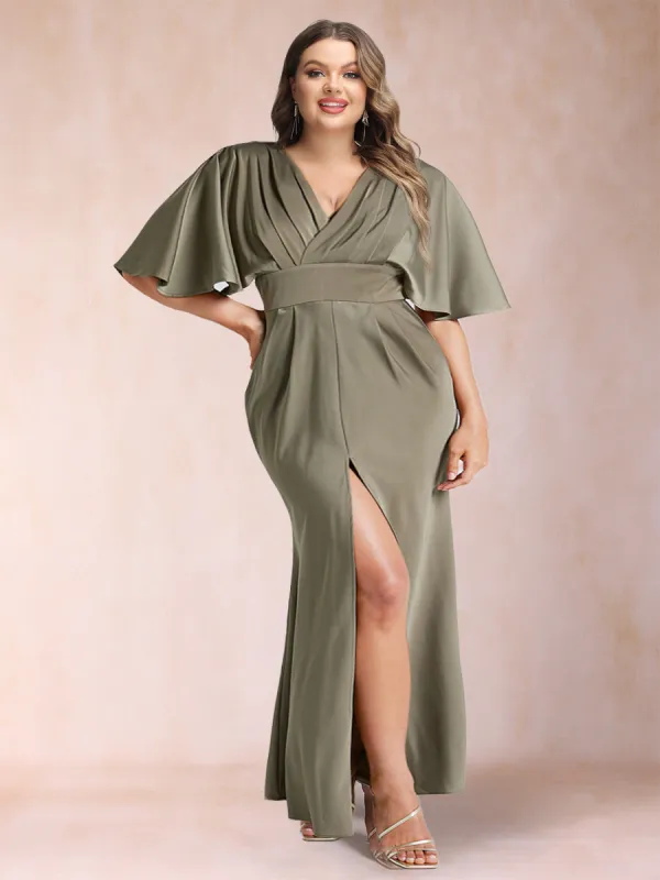 Sheath/Column V-Neck Short Sleeves Silk Satin Plus Size Evening Dresses with Split Side sold by Lavetir