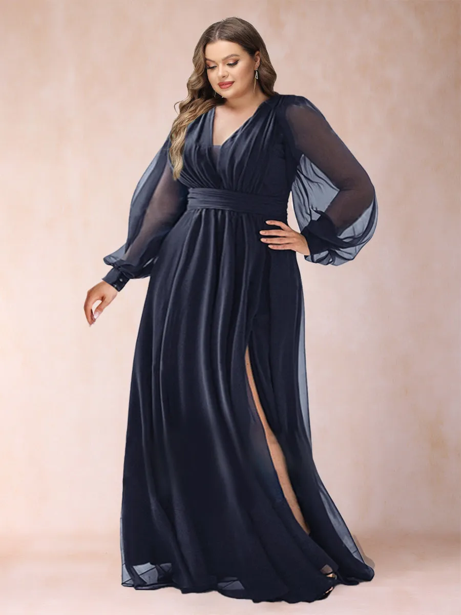 A-Line/Princess V-Neck Floor-Length Chiffon Plus Size Mother of the Bride Dresses With Split Side sold by Lavetir