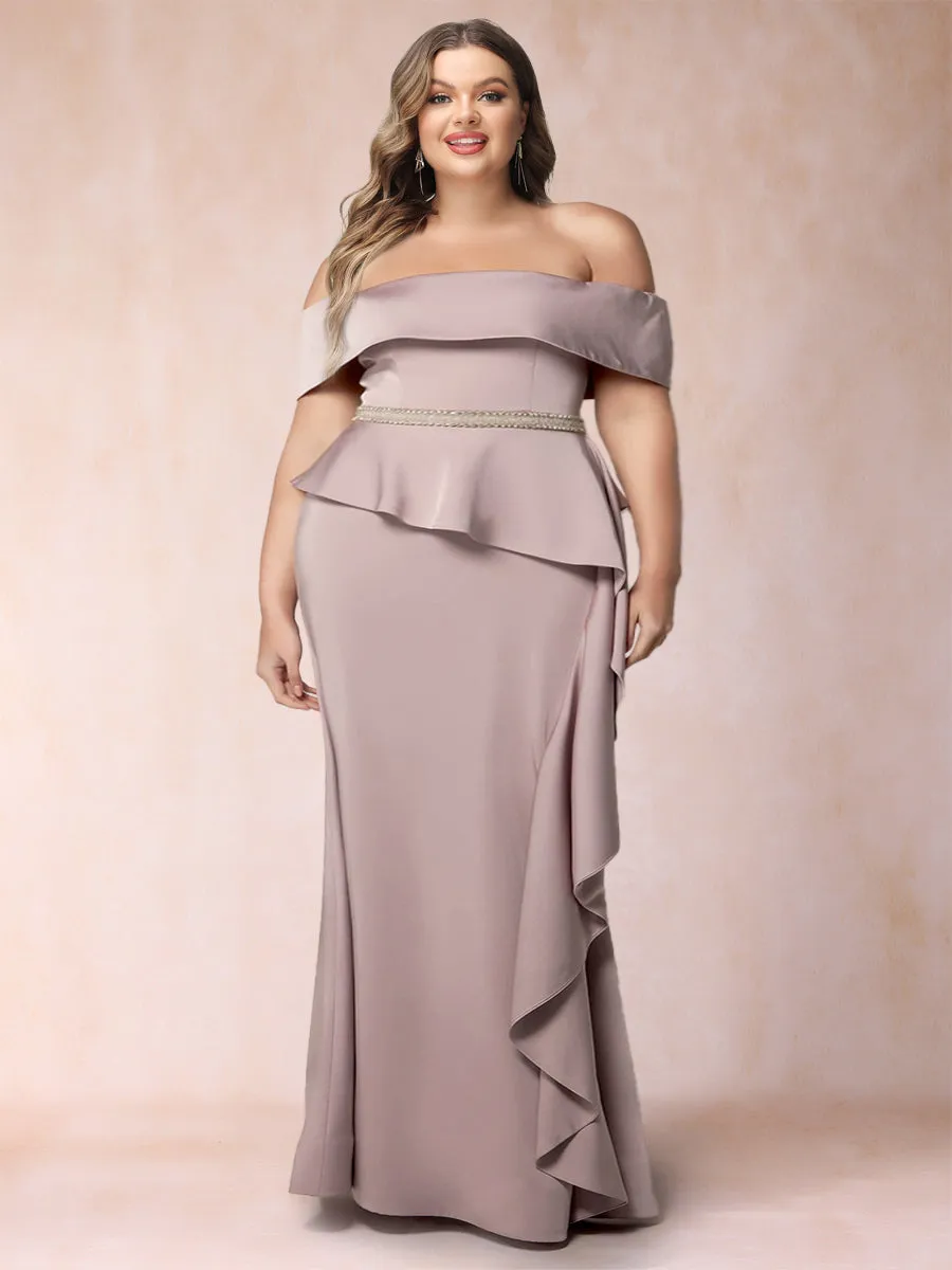 Sheath/Column Off-the-Shoulder Plus Size Mother of the Bride Dresses with Rhinestone & Ruffles sold by Lavetir