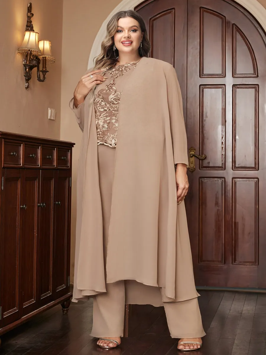 Chiffon Scoop Long Sleeves 3 Pieces Plus Size Pantsuits with Appliques & Jacket sold by Lavetir