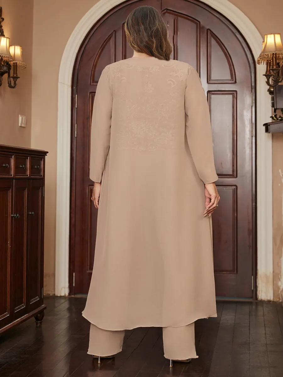 Chiffon Scoop Long Sleeves 3 Pieces Plus Size Pantsuits with Appliques & Jacket sold by Lavetir product image thumbnail 2