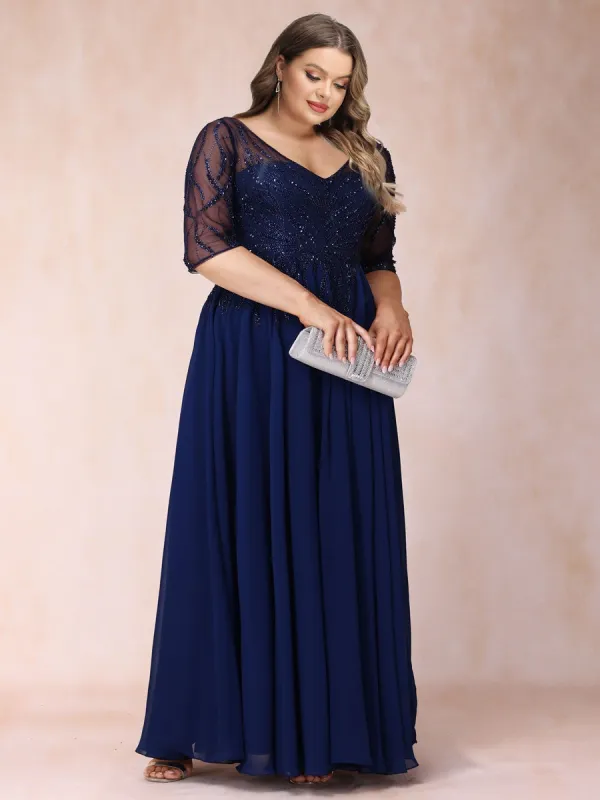 A-Line/Princess Sheer Neck Half Sleeves Long Formal Plus Size Evening Dresses with Beading & Sequins sold by Lavetir