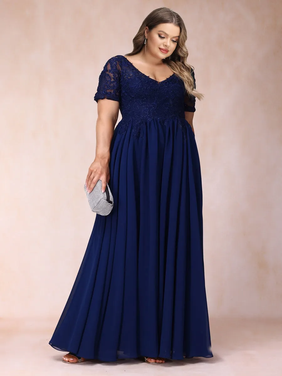A-Line/Princess V-Neck Short Sleeves Long Formal Plus Size Evening Dresses with Beading & Appliques sold by Lavetir