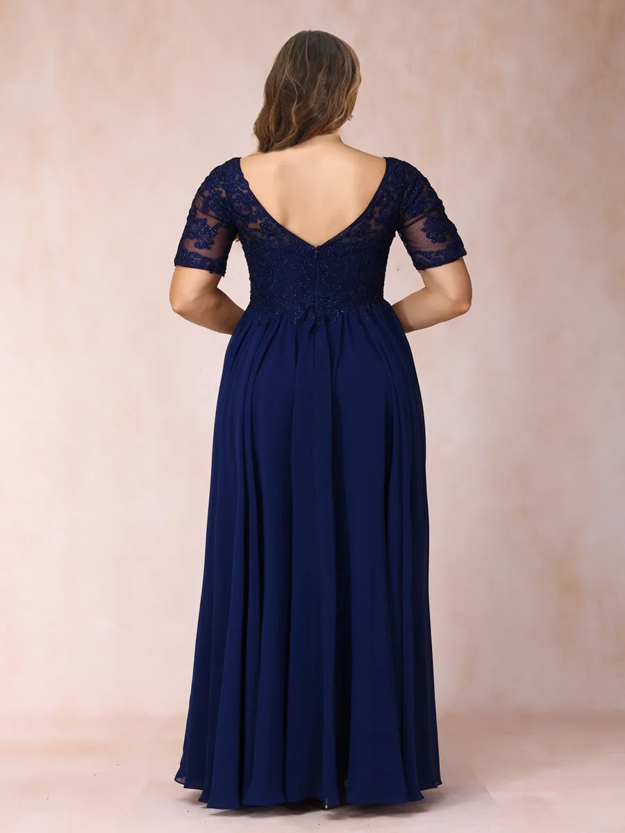 A-Line/Princess V-Neck Short Sleeves Long Formal Plus Size Evening Dresses with Beading & Appliques sold by Lavetir product image thumbnail 2