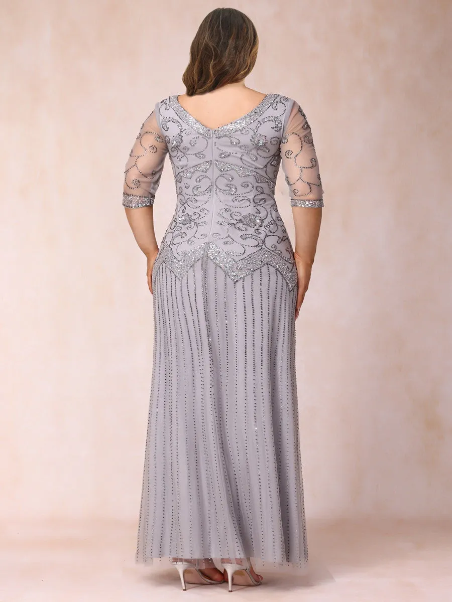 Sheath/Column V-Neck 3/4 Sleeves Long Formal Plus Size Evening Dresses with Beading & Sequins sold by Lavetir product image thumbnail 2