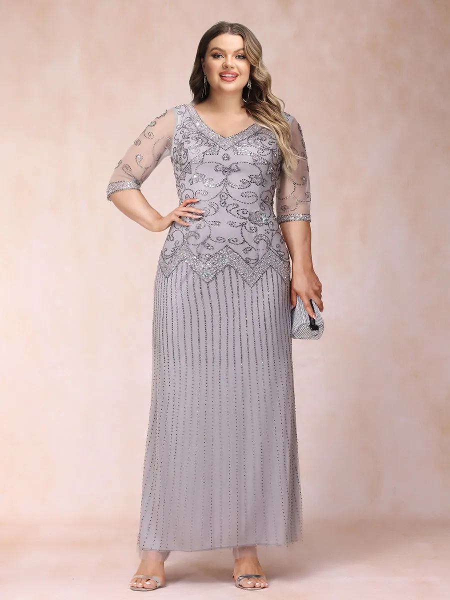 Sheath/Column V-Neck 3/4 Sleeves Long Formal Plus Size Evening Dresses with Beading & Sequins sold by Lavetir