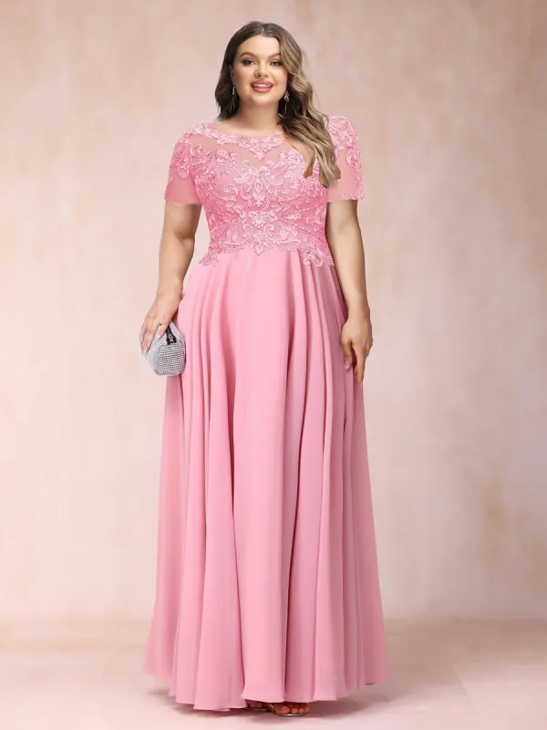 A-Line/Princess Sheer Neck Short Sleeves Long Formal Plus Size Evening Dresses with Sequins & Appliques sold by Lavetir