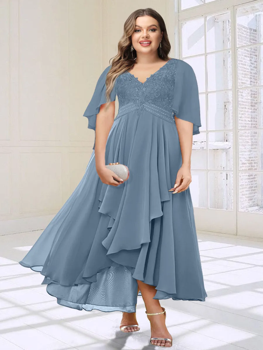 A-Line/Princess V-Neck Asymmetrical Plus Size Mother of the Bride Dresses With Ruffles sold by Lavetir