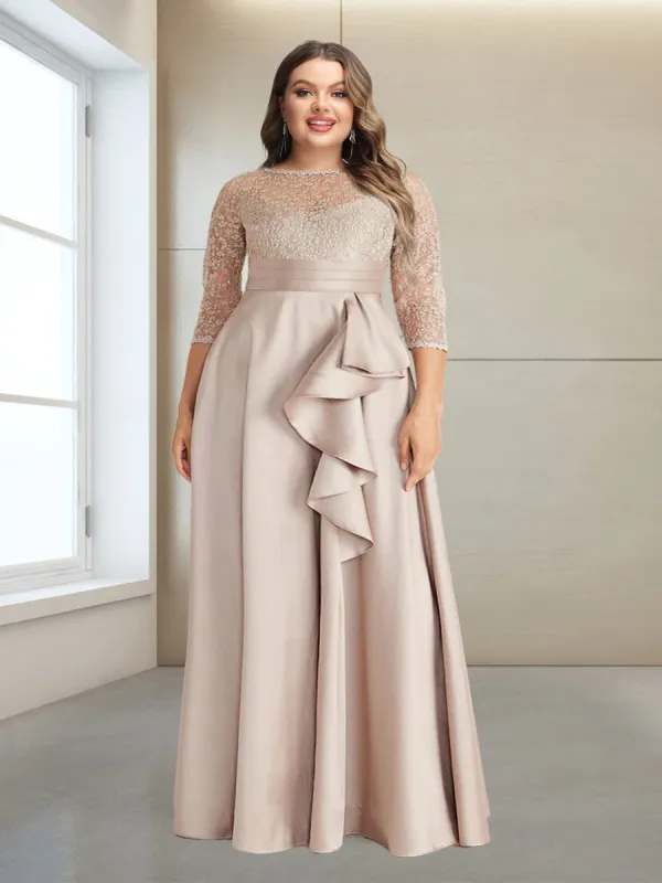 A-Line/Princess Scoop 3/4 Sleeves Floor-Length Plus Size Evening Dresses with Appliques sold by Lavetir