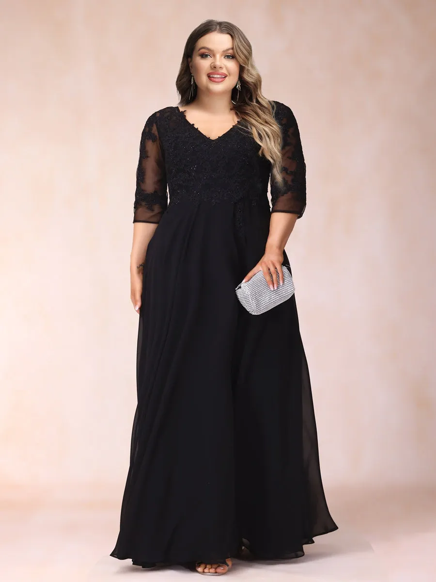 A-Line/Princess V-Neck 3/4 Sleeves Long Formal Plus Size Evening Dresses with Beading & Appliques sold by Lavetir