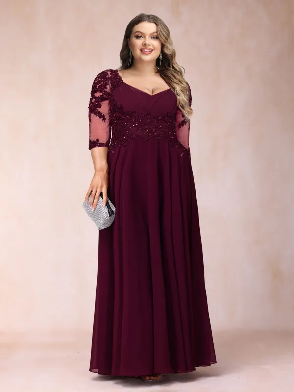 A-Line/Princess V-Neck 3/4 Sleeves Long Formal Plus Size Evening Dresses with Beading sold by Lavetir