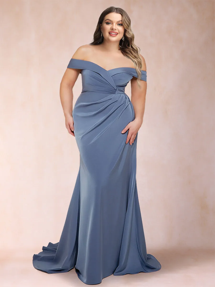 Sheath/Column Off-the-Shoulder Sleeveless Ruched Plus Size Mother of the Bride Dresses sold by Lavetir