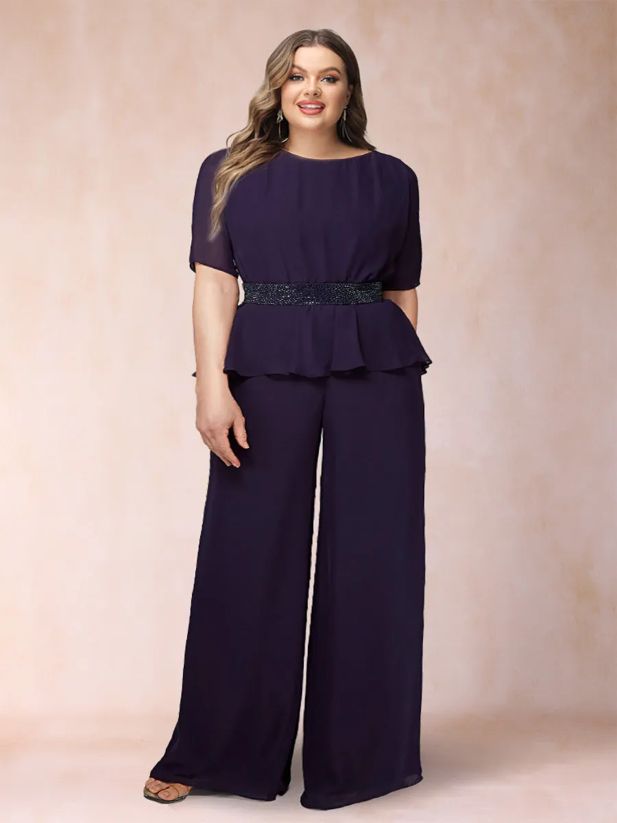 Chiffon Scoop Half Sleeves 2 Pieces Plus Size Pantsuits with Rhinestone Belt sold by Lavetir