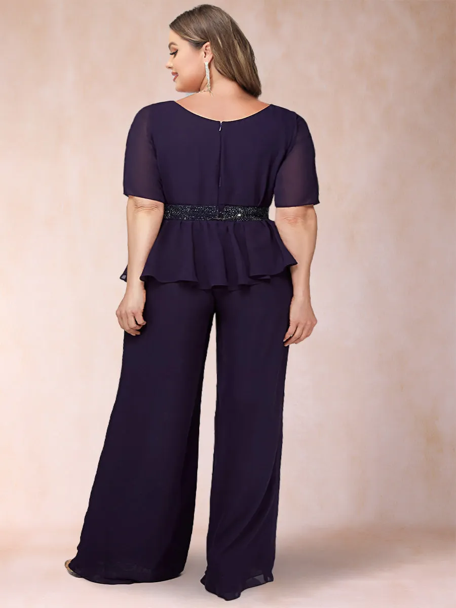 Chiffon Scoop Half Sleeves 2 Pieces Plus Size Pantsuits with Rhinestone Belt sold by Lavetir product image thumbnail 2