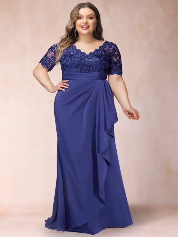 Sheath/Column V-Neck Short Sleeves Plus Size Mother of the Bride Dresses with Appliques & Ruffles sold by Lavetir