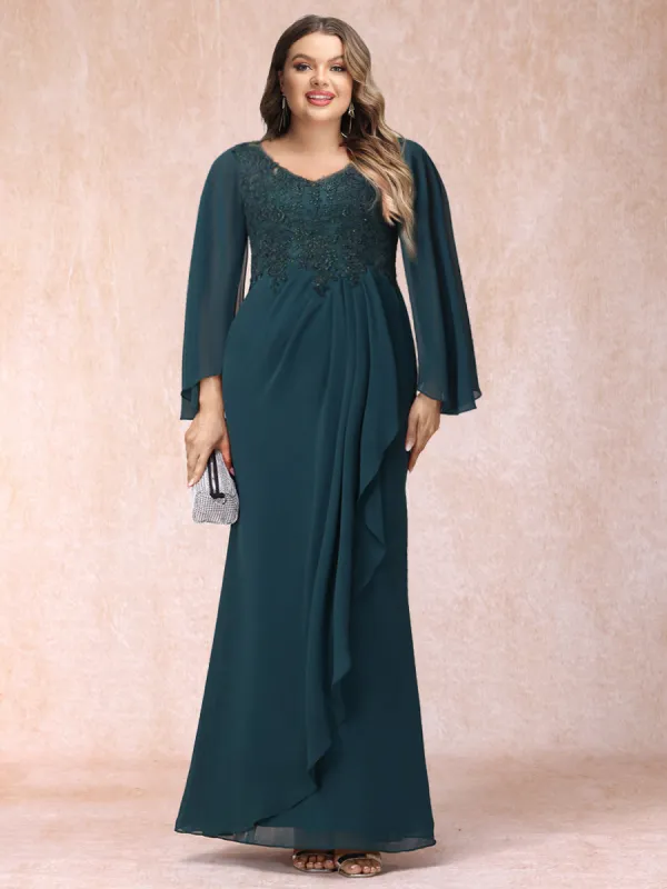 Sheath/Column V-Neck Long Sleeves Long Formal Plus Size Evening Dresses with Sequins & Appliques sold by Lavetir