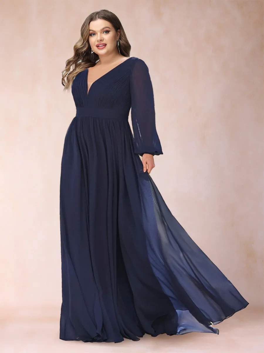 A-Line/Princess Chiffon V-Neck Long Sleeves Plus Size Mother of the Bride Dresses with Ruffles sold by Lavetir