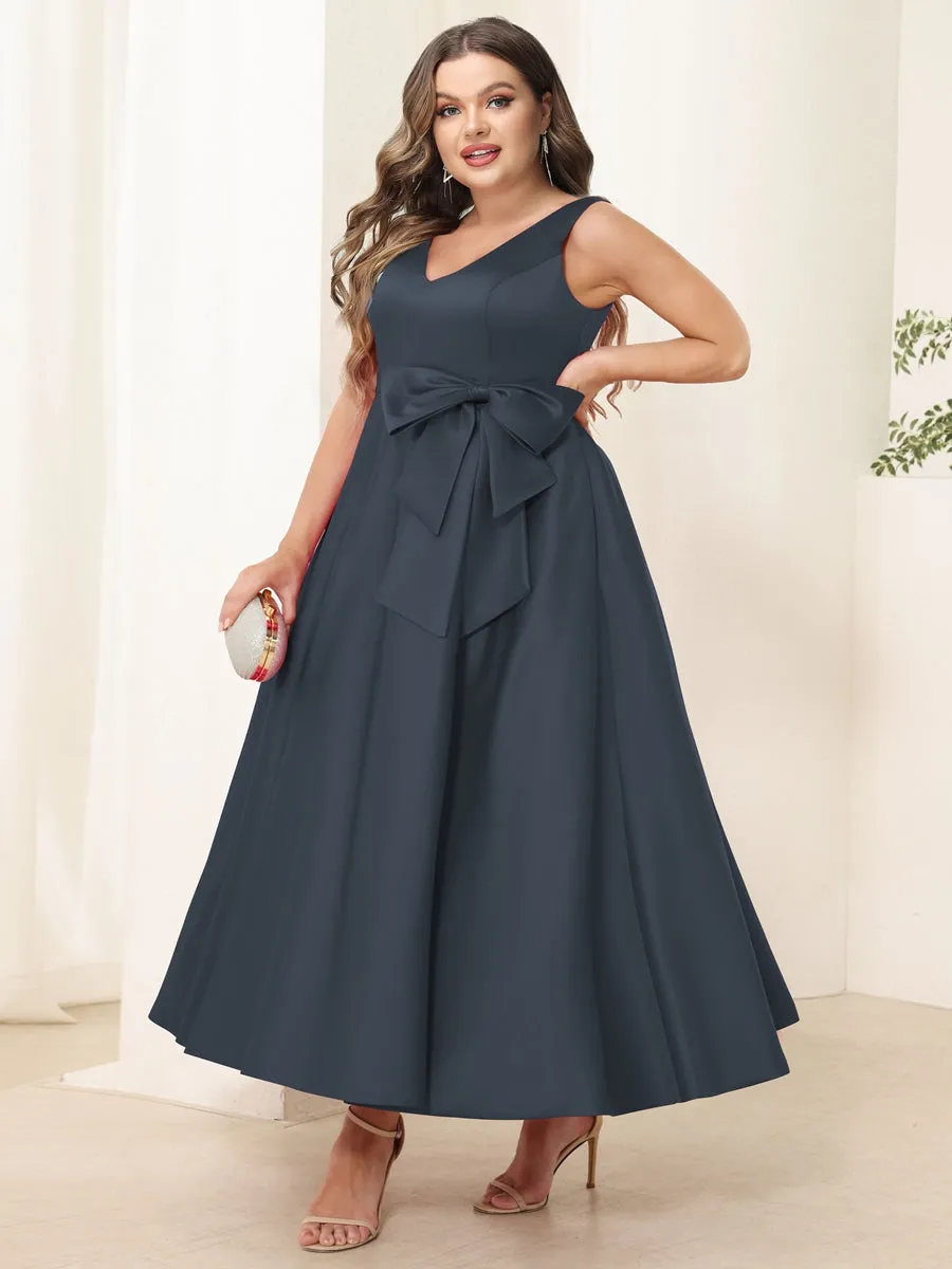 A-Line/Princess V Neck Sleeveless Long Plus Size Evening Dresses with Bow Knot sold by Lavetir