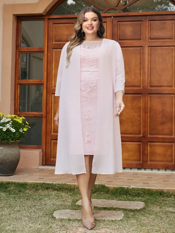 Sheath/Column Sheer Neck 3/4 Sleeves Knee-Length Plus Size Evening Dresses with Appliques & Jacket sold by Lavetir