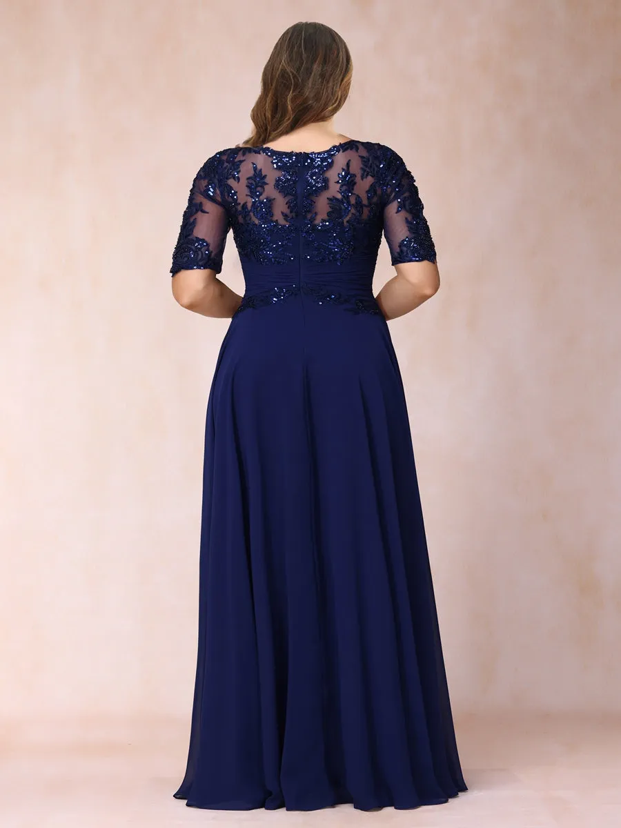 A-Line/Princess Sheer Neck Half Sleeves Long Formal Plus Size Evening Dresses with Sequins sold by Lavetir product image thumbnail 2