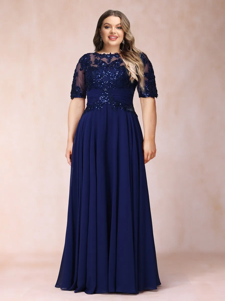 A-Line/Princess Sheer Neck Half Sleeves Long Formal Plus Size Evening Dresses with Sequins sold by Lavetir