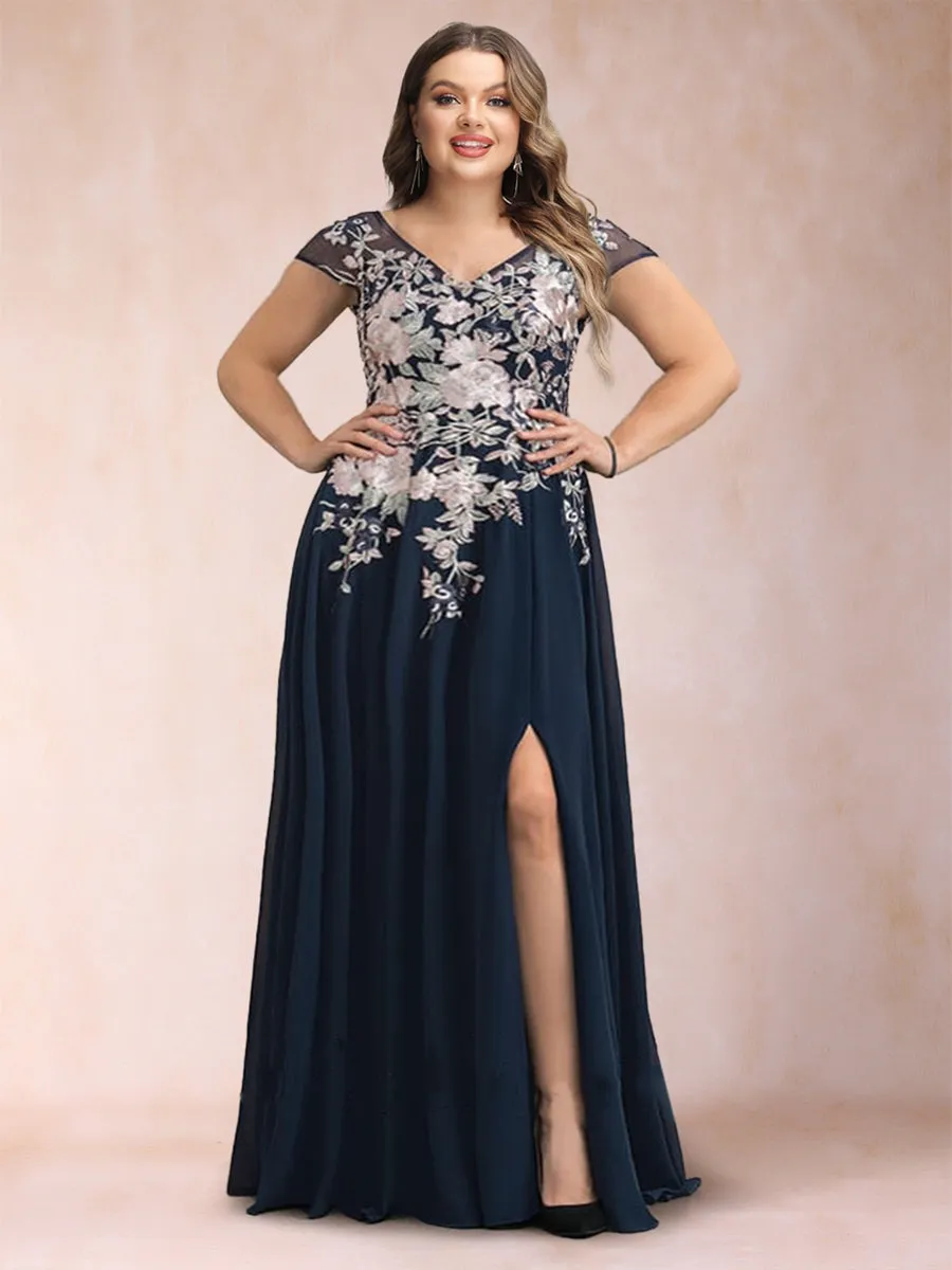 A-Line/Princess V-Neck Short Sleeves Plus Size Mother of the Bride Dresses with Applique sold by Lavetir