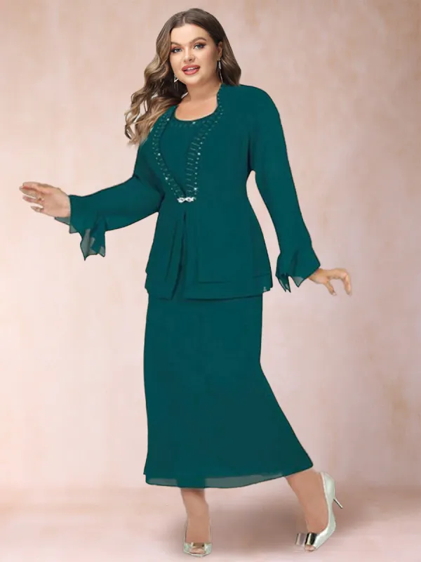 Sheath/Column Chiffon Scoop Long Sleeves Plus Size 2 Pieces with Rhinestone & Jacket sold by Lavetir