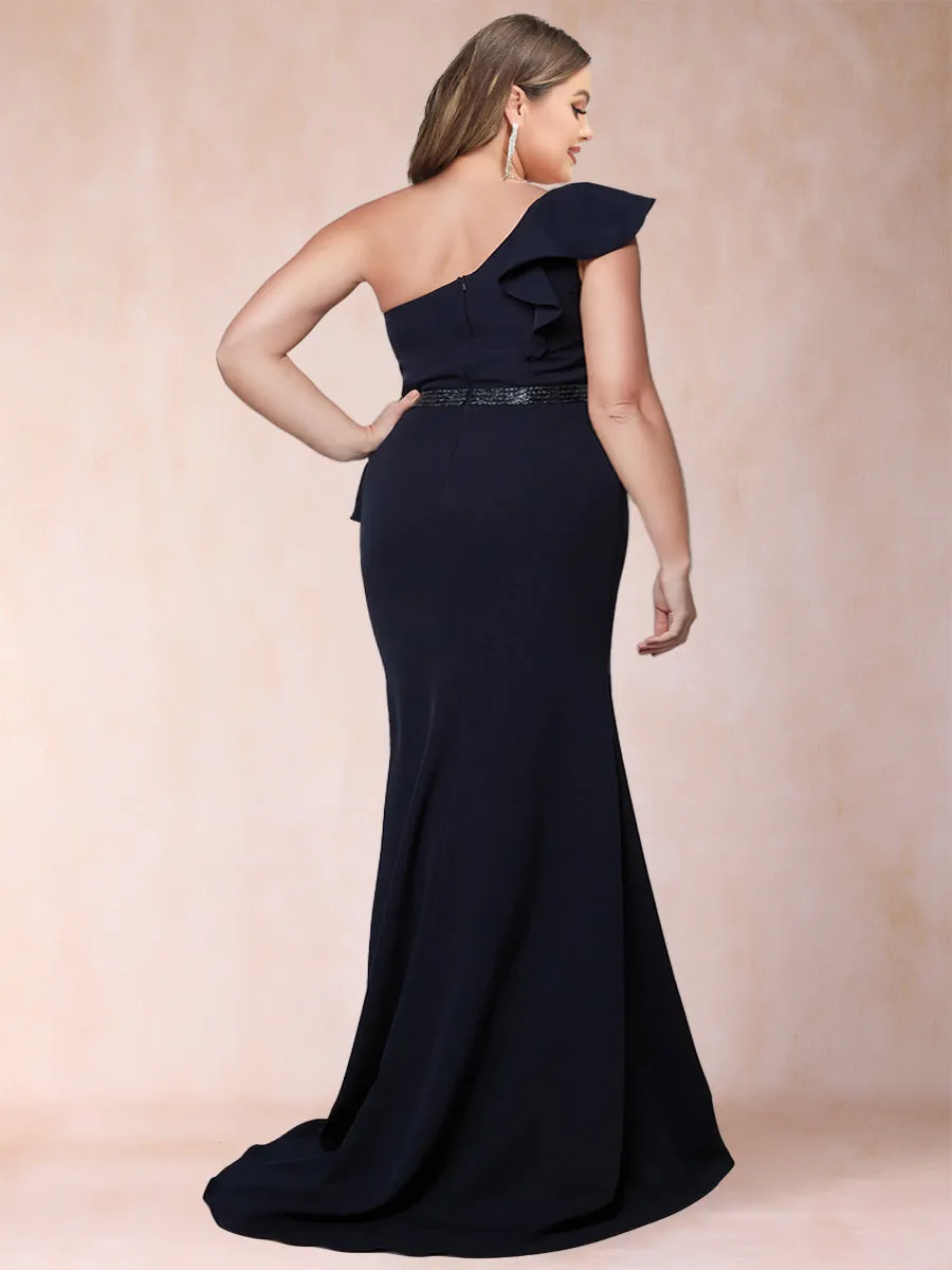 Sheath/Column One-Shoulder Ruched Plus Size Mother of the Bride Dresses with Ruffles & Split Side sold by Lavetir product image thumbnail 2