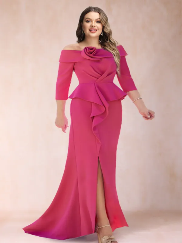 Sheath/Column Off-the-Shoulder Floor-Length Plus Size Mother of the Bride Dresses With Ruffles &  Split Side sold by Lavetir