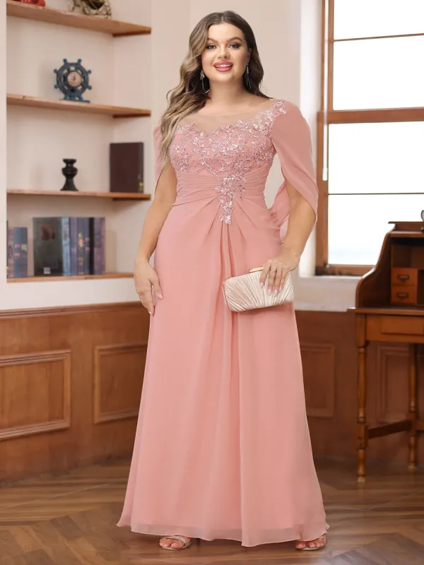 A-Line/Princess Illusion Scoop Appliques Ruched Plus Size Mother of the Bride Dresses with Cape sold by Lavetir