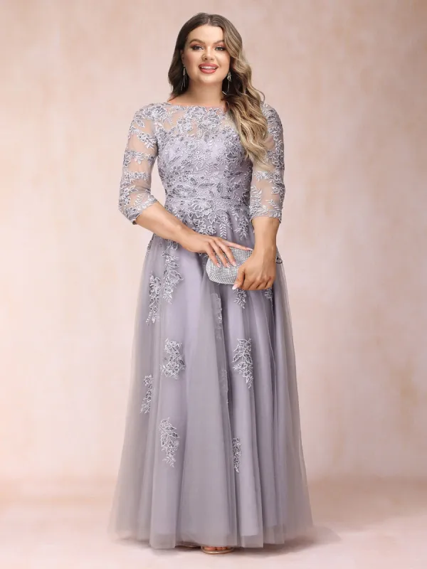 A-Line/Princess Sheer Neck Half Sleeves Long Formal Plus Size Evening Dresses with Beading & Appliques sold by Lavetir