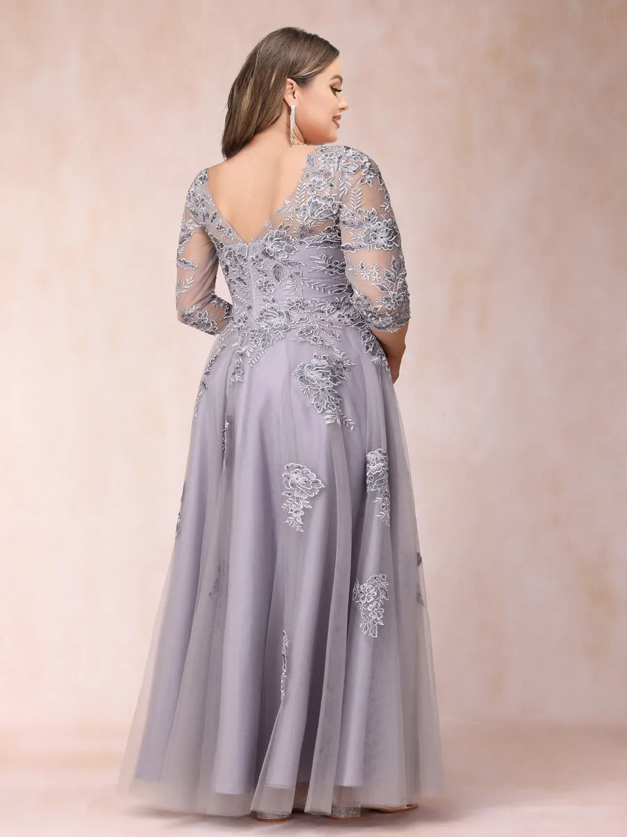 A-Line/Princess Sheer Neck Half Sleeves Long Formal Plus Size Evening Dresses with Beading & Appliques sold by Lavetir product image thumbnail 2